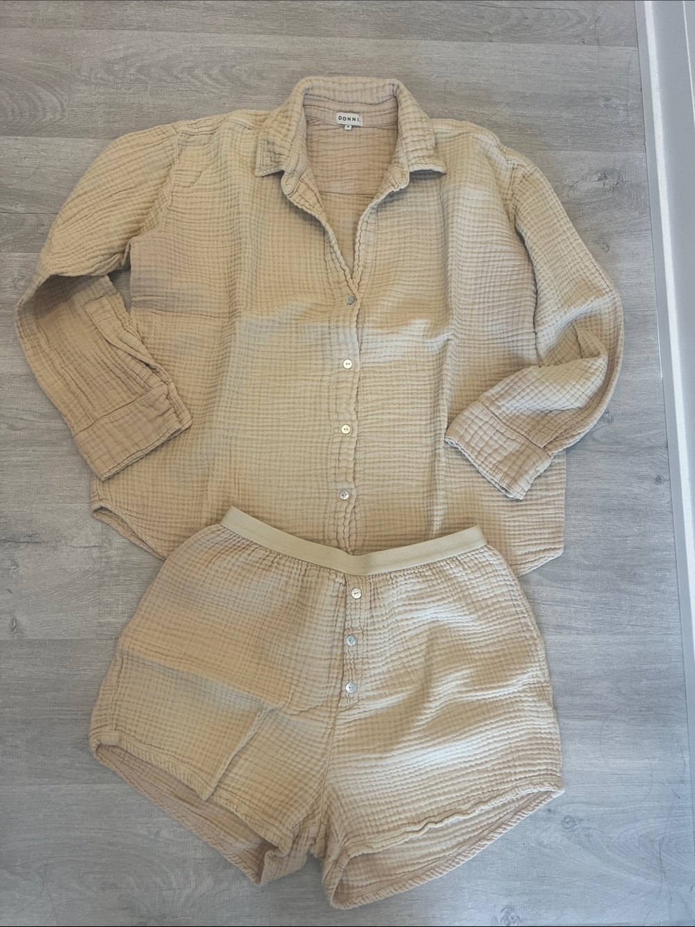 DONNI. Beige Waffle Knit Shorts Set